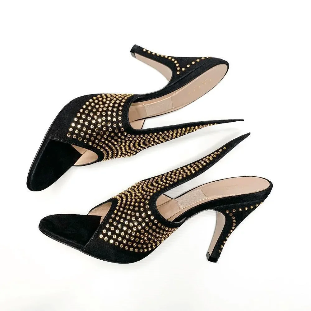 Gucci Fedra Crystal Embellished High Heel Mules EU 39.5 US 9.5 Black Suede Pumps - Picture 5 of 11